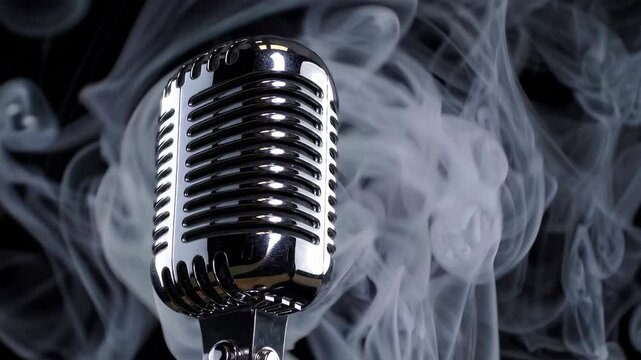 Vintage Metal Microphone with Smoke on Black Background