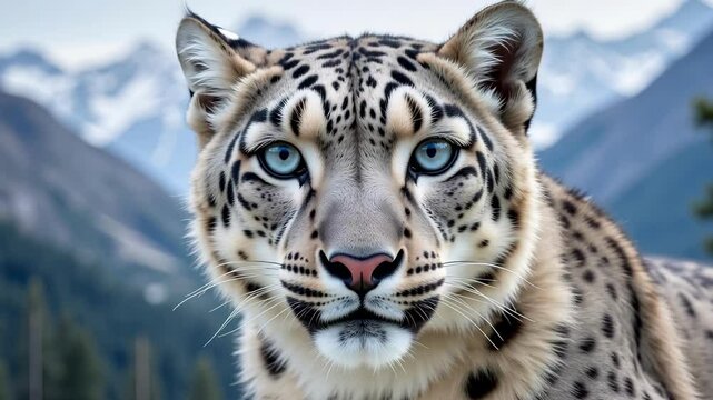 Majestic snow leopard portrait showcases its striking blue eyes and patterned fur against a mountain backdrop.