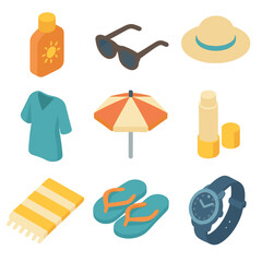 Obraz na płótnie Canvas Sun Protection Essentials Icons. Isometric Flat icon set of Sun Protection Essentials: sunscreen bottle, sunglasses, wide-brimmed