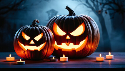 Two carved pumpkins glowing with candles on a spooky halloween night