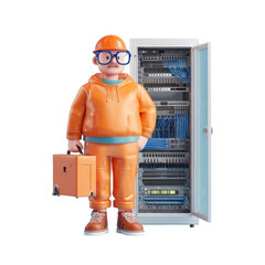 Cartoon technician in orange attire standing beside server rack with cables and tools in modern digital environment