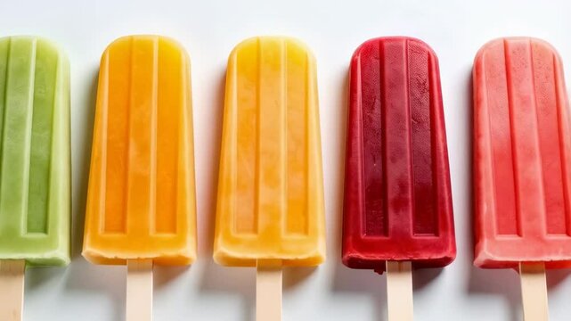 Assortment of vibrant frozen fruit popsicles lined up in a row on a clean white surface, creating a colorful summer treat display with wooden sticks and textured surfaces.