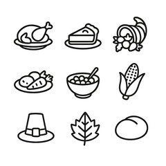 Thanksgiving Feast Icons. Outline icon set of Thanksgiving Feast Elements: turkey, pumpkin pie, cornucopia, roasted vegetables,