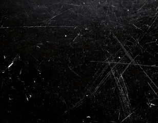 Grungy black surface with numerous white scratches and dust particles, creating a distressed and textured overlay for abstract or vintage designs.