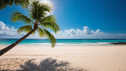 Lone palm tree casting shadow on tropical sandy beach
