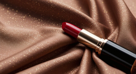 Red Lipstick on Glittery Brown Silk Fabric Elegant Cosmetic Product Shot