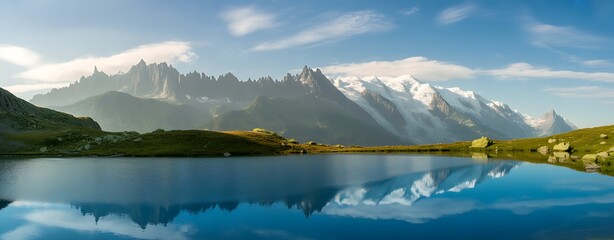 Obraz premium Majestic Mountain Peaks Reflected in Calm Lake reflection
