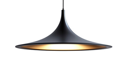 Fototapeta premium Modern elegant black pendant lampshade with warm yellow light isolated on transparent background. PNG