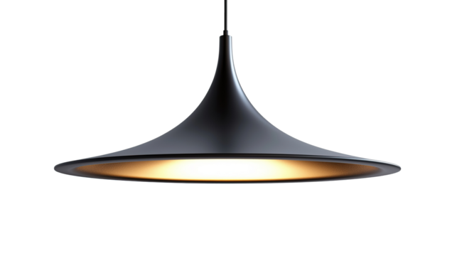 Modern elegant black pendant lampshade with warm yellow light isolated on transparent background. PNG