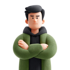Young male character with crossed arms and serious expression, wearing hoodie and green oversized sweater, cartoon style illustration