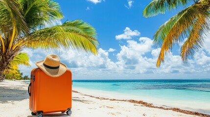 Orange suitcase with straw hat on beach, surrounded by palm trees, blue sea, sky and clouds, creating vibrant summer vacation atmosphere for travel and holiday promotion