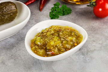 Souce gherkin relish with marinated cucumbers