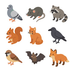 Fototapeta premium Urban Wildlife Icons. Isometric Flat icon set of urban wildlife fauna: pigeon, rat, raccoon, squirrel, stray cat, crow, sparrow,