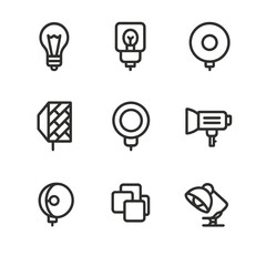 Vintage Photo Lighting Icons. Outline icon set of photography lighting equipment (vintage): tungsten bulb lamp, flashbulb,
