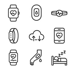 Fototapeta premium Wearable Health Tech Icons. Outline icon set of wearable biosensors and digital health: smartwatch with heart icon, glucose