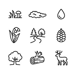 Woodland Habitat Icons. Outline icon set of Woodland Habitat with Lily of the Valley: forest floor, moss patch, fallen log, dew