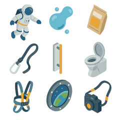 Zero-Gravity Icon Set. Isometric Flat icon set of zero-gravity experiences: floating astronaut, liquid bubble, floating food