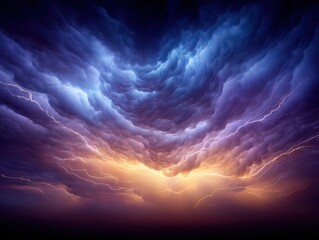 Dramatic thunderstorm clouds illuminated by orange and purple hues creating an intense atmospheric backdrop showcasing an electrifying natural spectacle in a breathtaking display of nature's