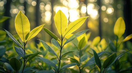 Obraz premium Calming Yellow Gum tea leaves soft natural lighting to highlight green Yellow Gum leaves and peaceful forest setting 70mm lens forest clearing