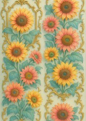 Vintage floral sunflower pattern illustration.