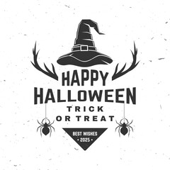 Happy Halloween. Trick or treat design. Vector illustration. For holiday Halloween design, shirt, logo, badge, decorations, cards, banner with wizard hat, spiders and horns silhouette.