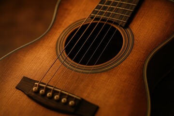 Fototapeta premium Close-Up of Acoustic Guitar Strings and Soundhole – Warm and Intimate Detail