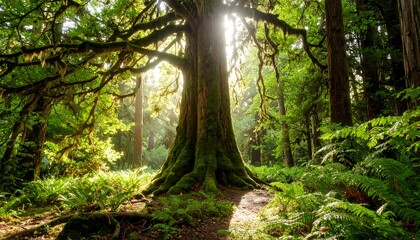 Obraz premium Sunlight streams through an ancient moss covered tree in a lush green forest environment today.