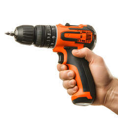 A male hand gripping a cordless drill with a focus on the tool handle, isolated on a clean white background