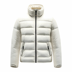 A male outerwear jacket in white nylon with goose down padding, sleeveless, featuring a stand collar and front zipper closure, isolated on a white background
