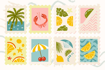 Set of tropical summer postage stamp. Vintage beach vacation stickers. Hand drawn palm tree, lobster, seashell, umbrella, cherry, cocktail, surfboard, fruits. Vector trendy illustration.