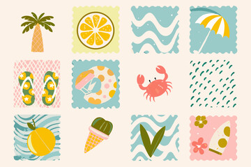Set of tropical summer postage stamp. Vintage beach vacation stickers. Hand drawn palm tree, lobster, seashell, umbrella, cherry, cocktail, surfboard, fruits. Vector trendy illustration.