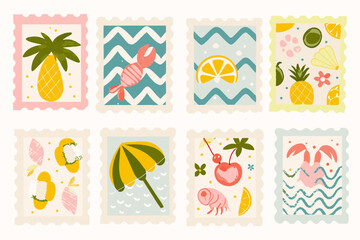 Set of tropical summer postage stamp. Vintage beach vacation stickers. Hand drawn palm tree, lobster, seashell, umbrella, cherry, cocktail, surfboard, fruits. Vector trendy illustration.