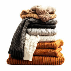 A neat stack of cozy winter clothes, including sweaters, scarves, and gloves, isolated on a clean white background