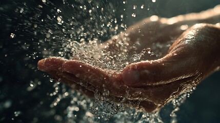 Fototapeta premium Hands Cupping Water in Dramatic Lighting Abstract Splash, Cleansing, and Purity