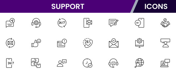 Vector illustration web line icon collection for support: help desk, chat, customer service, and assistance symbols in a friendly, modern, and approachable design style.