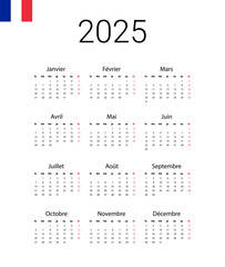 French 2025 calendar. Vector illustration design template start from monday. Full months for wall calendar