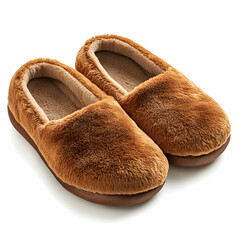 A pair of cozy brown house slippers with a soft, plush interior, isolated on a white background