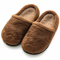 A pair of cozy brown house slippers with a soft, plush interior, isolated on a white background