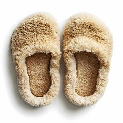 A pair of cozy sheepskin slippers, showcasing their soft texture, isolated on a clean white background