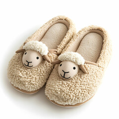 A pair of cozy women slippers with a soft fleece lining, overlooking a cute sheep, isolated on a white background