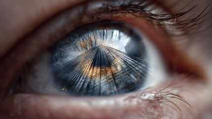 A close up of an eye reflecting a tall skyscraper with many windows and a cloudy sky above it all
