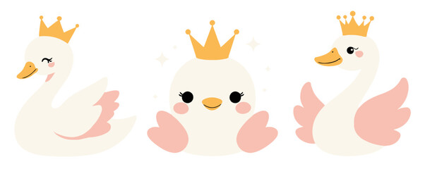 Cute Swan Princess and Baby Duckling Vector Set with Royal Animal Characters in Pastel Style for Nursery Kids and Fairytale Designs