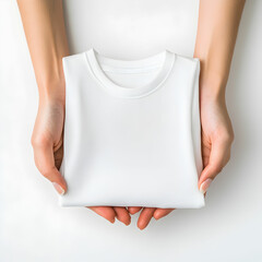 A pair of delicate female hands holding a neatly folded t-shirt, isolated on a white background, showcasing the soft fabric