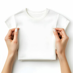 A pair of delicate female hands holding a neatly folded t-shirt, isolated on a white background, showcasing the soft fabric