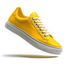 A pair of flying yellow leather women's sneakers, isolated on a clean white background
