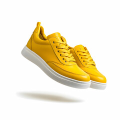 A pair of flying yellow leather women's sneakers, isolated on a clean white background