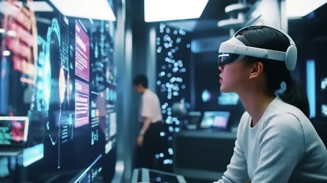 Young woman wearing VR headset engaged in immersive technology experience in a futuristic lab