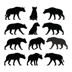 A collection of twelve hyena silhouettes in various poses, showcasing different stances and perspectives.