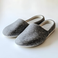 A pair of gray slippers for men, isolated on a clean white background, showcasing their simple design