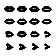 An array of stylized black lips in various positions, displayed against a white background.